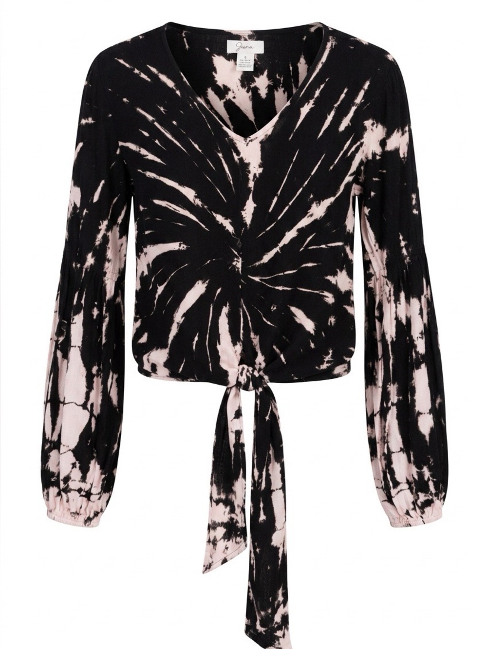 Japna Black & White Tie-Dye Tie-Front V-Neck Blouse